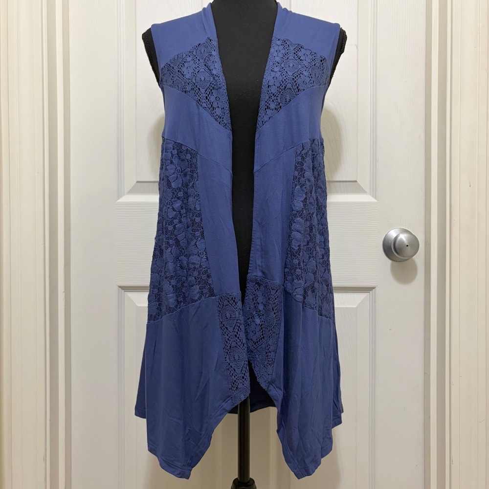 NEW Cable & Gauge Open Front Sleeveless Cardigan Vest Sm Blue‎ Lace Boho Casual